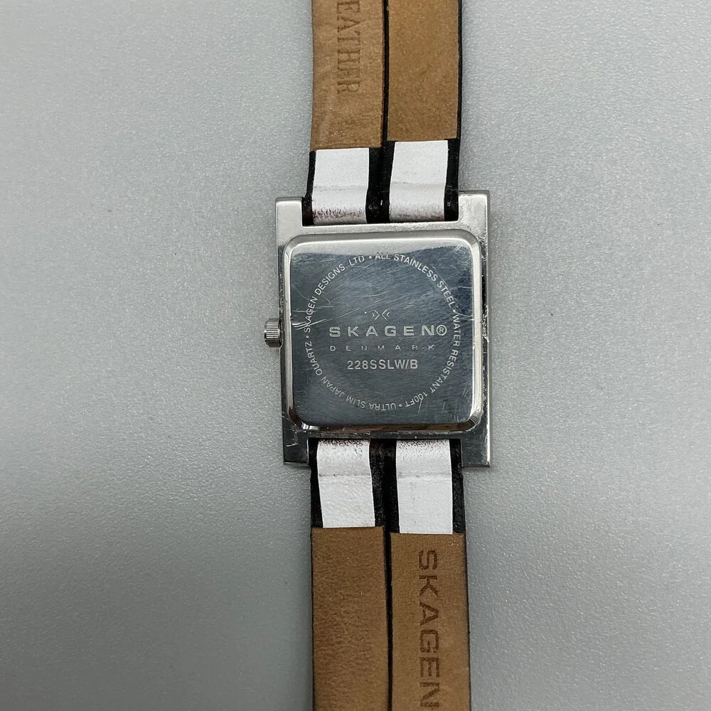 Skagen 228SSLW/8 Womens Watch 25mm White Dial Leather Stainless New Battery